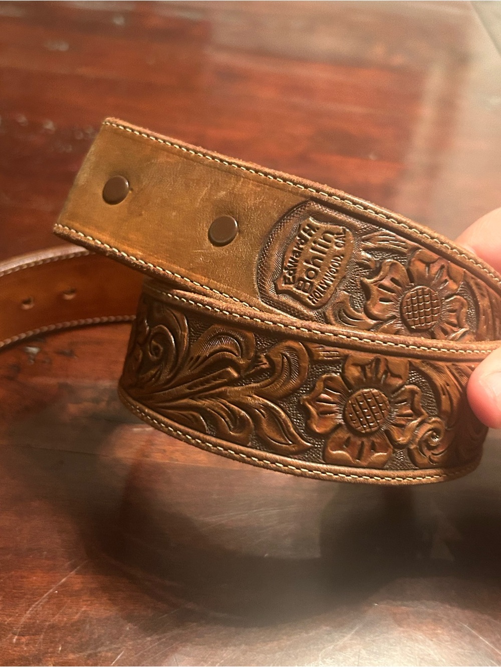 Edward H. Bohlin Hollywood Ca. Hand tooled floral design outside belt Size 30